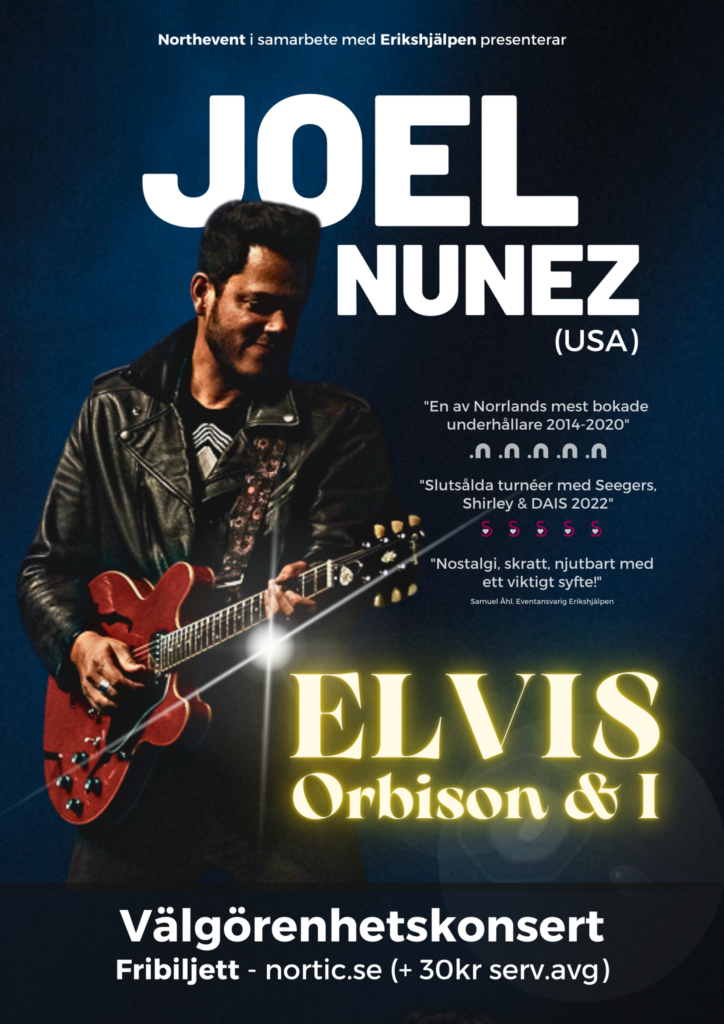 Joel Nunez står på scen med sin gitarr på turnén Elvis, Orbinson & I